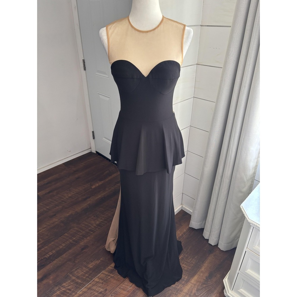Jovani Dress Womens 4 Black Nude Sheer Illusion Gown Formal Peplum Evening Maxi